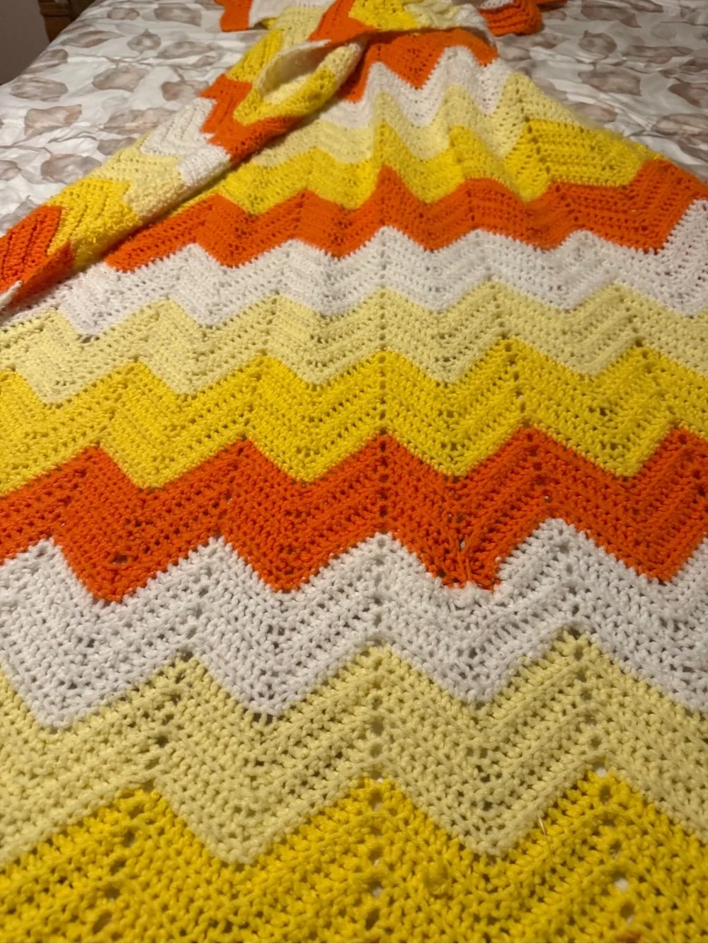 Vibrant Handmade Chevron Crochet Throw Blanket - Orange, Yellow & White Vintage